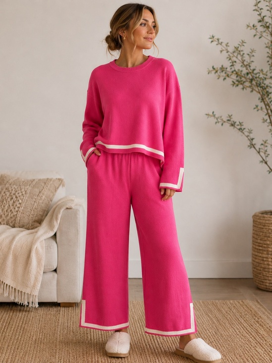Pants - Pink Knit Lounge Set Contrast Trim Cozy Wide Leg Matching Set